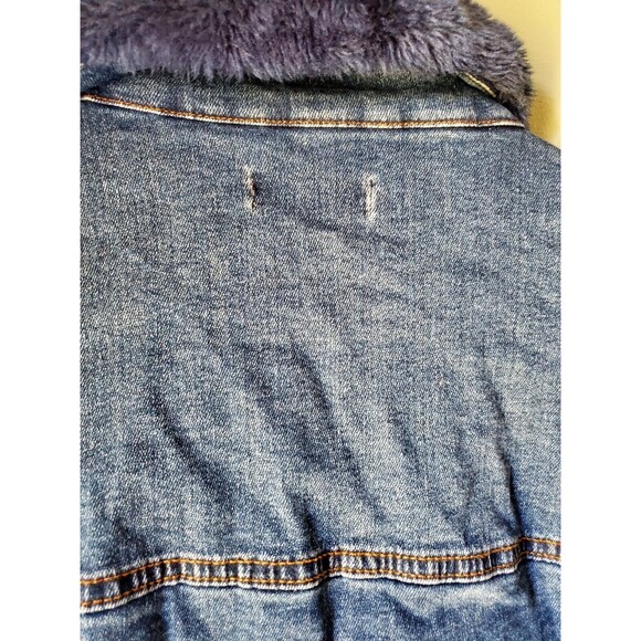 Black Label C’est Toi Women's Sz 3XL Distress Denim Navy Faux Fur Button Jacket - Picture 7 of 16